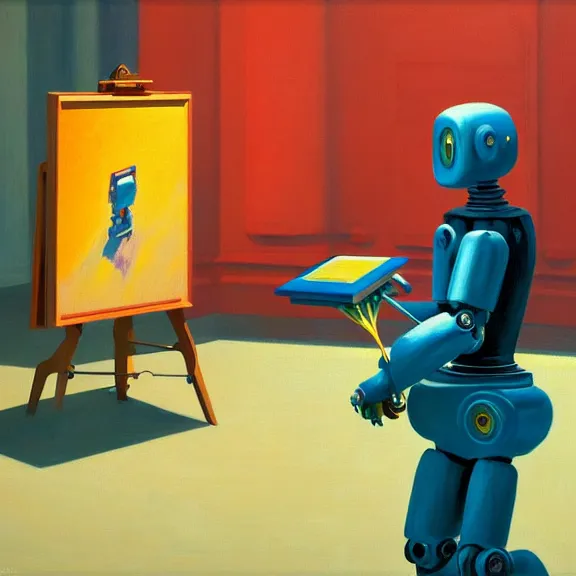 Image similar to beautiful illustration of a robot painting an artwork on a canvas with a paintbrush by Edward Hopper, colorful octane render