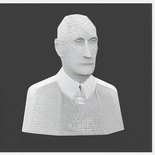 Prompt: Marcel Duchamp working on a low poly wireframe mesh model chess piece