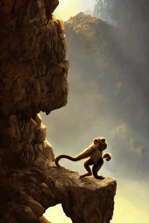 Image similar to a monkey standing at the top of a cliff throwing a bone in the air , dramatic lighting, cinematic, establishing shot, extremly high detail, photorealistic, cinematic lighting, artstation, style by James Gurney