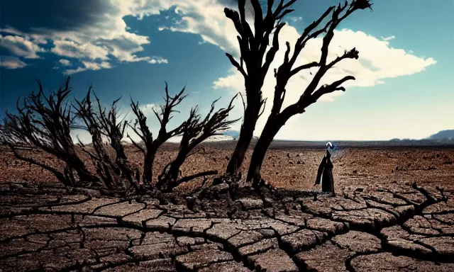 Prompt: medium shot of a crying ancient dried up Danu, peaceful, facing the camera and standing in front of a dried up river in a desolate land, dead trees, blue sky, hot and sunny, highly-detailed, elegant, dramatic lighting, artstation, 4k, cinematic landscape, photograph by Elisabeth Gadd