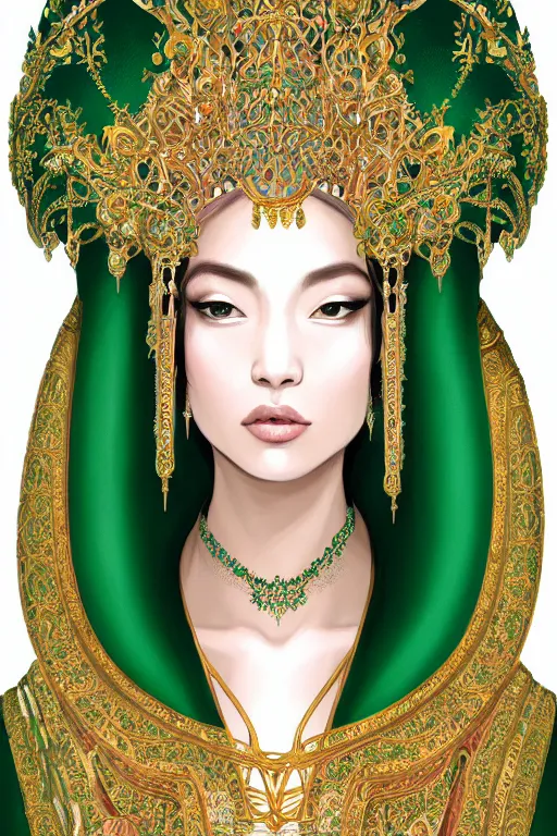 Prompt: a beautiful empress photo portrait, with a brilliant, impossible striking shiny big emerald headpiece, white and emerald robes, symmetrical, rococo, baroque, jewels, asian, realistic, closeup, D&D, fantasy, intricate, elegant, highly detailed, digital painting, artstation, octane render, 8k, concept art, matte, sharp focus, illustration, art by Artgerm and Greg Rutkowski and Alphonse Mucha