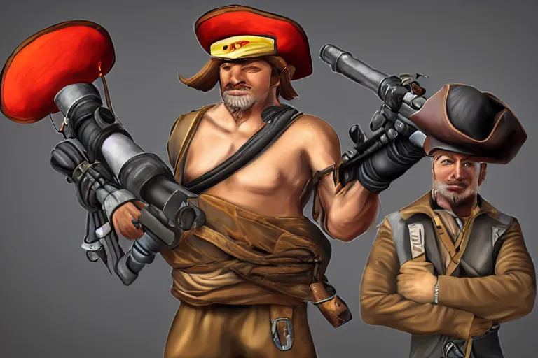 Prompt: masculine man with a pirate hat holds a bazooka, game character design