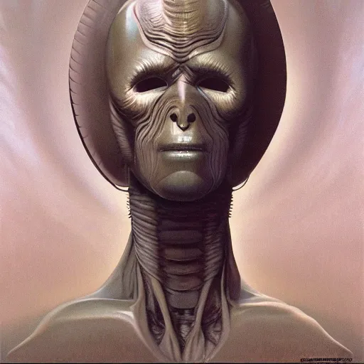 Prompt: cinematic bust portrait of beautiful creature from left, head and chest only, exotic alien features, robotic enhancements, desaturated, Tim Hildebrandt, Wayne Barlowe, Bruce Pennington, donato giancola, larry elmore, oil on canvas, masterpiece, trending on artstation, featured on pixiv, cinematic composition, dramatic pose, beautiful lighting, sharp, details, hyper-detailed, HD, HDR, 4K, 8K