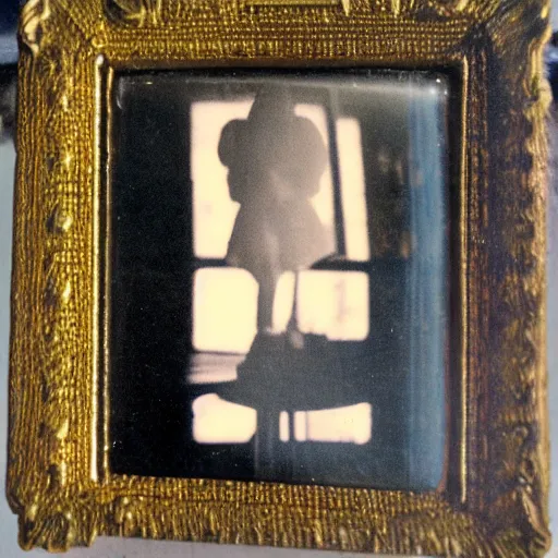 Prompt: polaroid pareidolia mysterious dark figure beautiful old photo glass crystal in sunlight