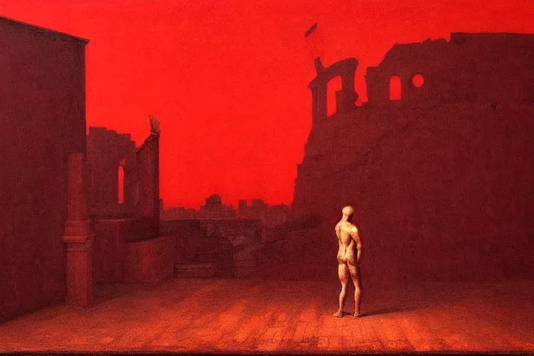 Image similar to only with red, caesar after war, a red tiger, in hoc signo vinces, rome in background, an ancient path, in the style of beksinski, part by hopper, part by rodcenko, part by hofbauer, intricate composition, red by caravaggio, insanely quality, highly detailed, masterpiece, red light, artstation