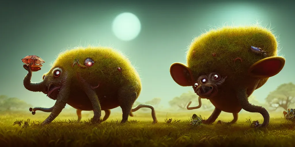 Prompt: of an intricate hazy savanna with strange weird cute creatures with long tongues, big eyes and huge noses appearing from the ground, in the style of yang na, low angle, macro lens, shallow depth of field, highly detailed, digital painting, trending artstation, concept art, illustration, cinematic lighting, vibrant colors, photorealism, epic, octane render