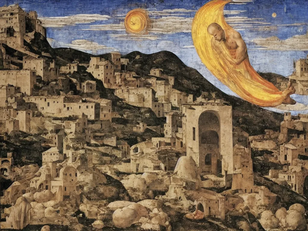 Prompt: renaissance town in flames. Monk on top of a rock, meditating. Melancholy, storm. Painting by Piero della Francesca, Fra Fillip Lippi