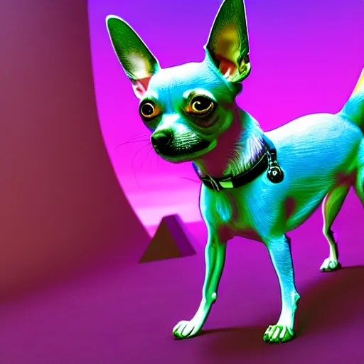 Prompt: a trippy chihuahua living in an extradimensional reality, in the style of wlop, illustration, epic, fantasy, hyper detailed, smooth, unreal engine, sharp focus, ray tracing, physically based rendering, renderman, beautiful