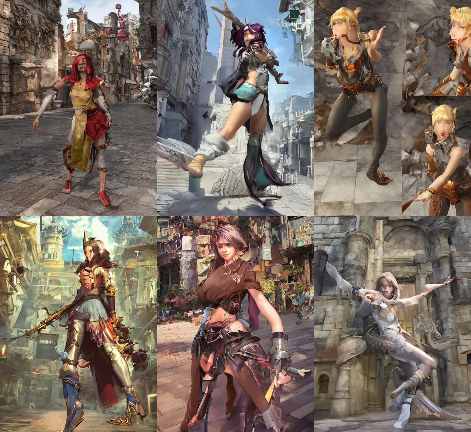 Image similar to action pose reference, procedurally generated, epic mage girl character, costume design from shopping mall, ancient city streets behind her, substance designer, PBR, HD, Ultra detailed, hyperrealistic, megascans, volumetric light, concept by master artist, good looking face, natural light, crazy angle