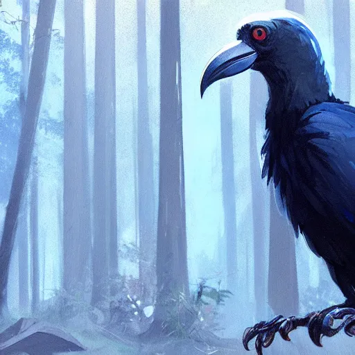 Image similar to concept art painting of an anthropomorphic albino raven wearing dark blue robes, in the deep forest, realistic, detailed, cel shaded, in the style of makoto shinkai and greg rutkowski and james gurney