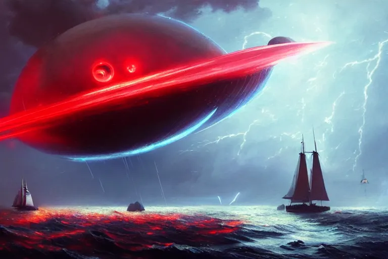 Image similar to A beautiful matte painting of huge spherical alien spaceship attacking with powerful red lasers a Sailship in ocean in thunderstorm, by greg rutkowski, trending on artstation, concept art