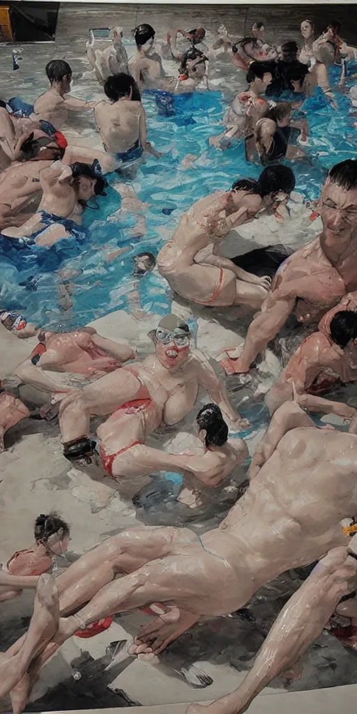 Image similar to oil painting scene from swimming pool by kim jung gi