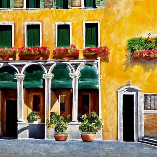 Prompt: italian restaurant in venice, sunny, shadows, marc dalessio