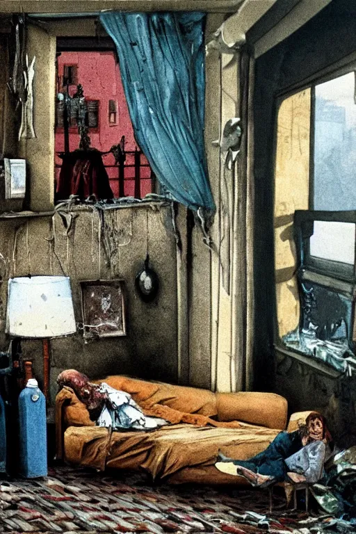 Image similar to realistic detailed image of a Top-down perspective of an old dead couple sitting on a couch with bottles on the floor in old living room with big window in thestyle of Francis Bacon and Greg Rutkowski, interior room, old dead couple in a messy living room with big window. Still from 1982 movie The Thing. Beksiński Masterpiece