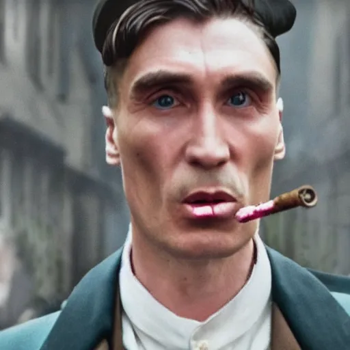 Image similar to a realistic photograph of thomas shelby from the peaky blinders smoking a pink cigar