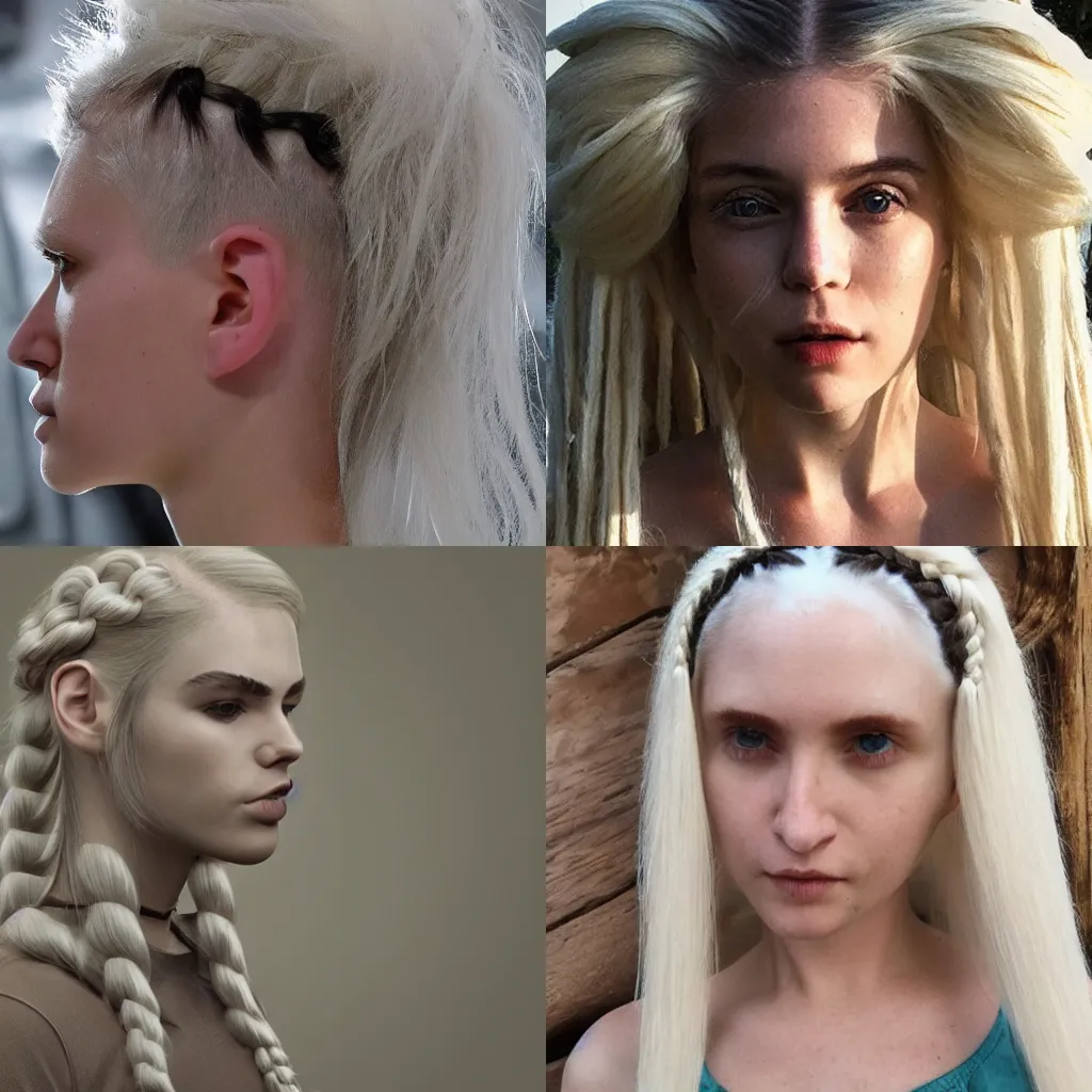 Prompt: Short and pale, hair is white with two long braids at the front. Gender unknown. Has to short horns coming out of their head and one short tusk