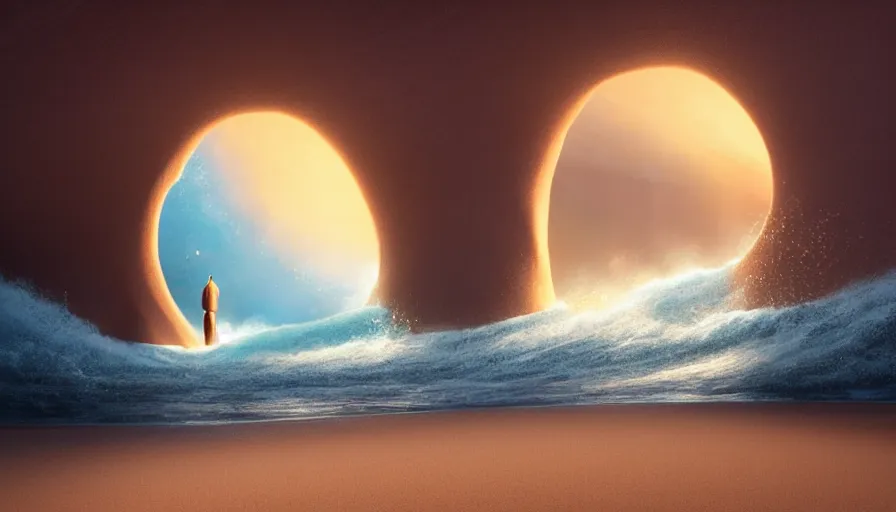 Image similar to a glowing magical portal inside a big wave made of sand fantasy desert, portal, a man watching over, lightning, sandstorm, by caspar david friedrich by james gilleard and justin gerard, artstation, smooth, sharp focus, by jean baptiste, octane render