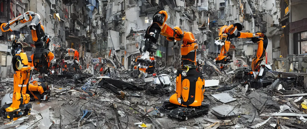 Image similar to rescue robot, disaster in the city, night, shinji aramaki