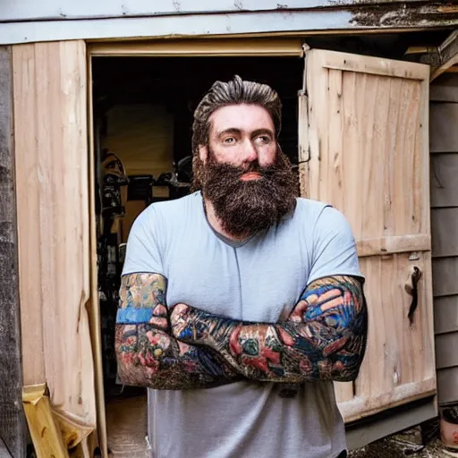 Prompt: a bearded king of the sea standing in his garage