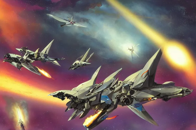 Prompt: squadron of fighter mecha in a v formation, pterodactyl mecha, pteranadon styling, smooth, john berkey white plastic panels, robotech styling, luminous cockpit, running lights, kanji insignia and numbering, Raymond Swanland and Jessica Rossier nebula like clouds in space background near a ringed gas giant, distant explosions cinematic lighting, hyper detailed hyper detailed, 8k, ultra realistic, cinematic lighting, ultra wide 35mm lens, Boeing Concept Art, Lockheed concept art