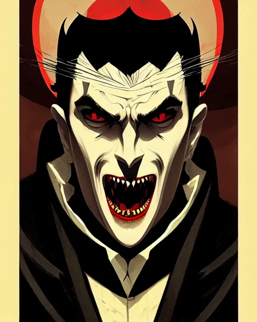 Image similar to handsome vampire king with crown and fangs, symmetrical face, evil, cinematic, dramatic, powerful, super detailed and intricate, by koson ohara, by darwyn cooke, by greg rutkowski, by satoshi kon