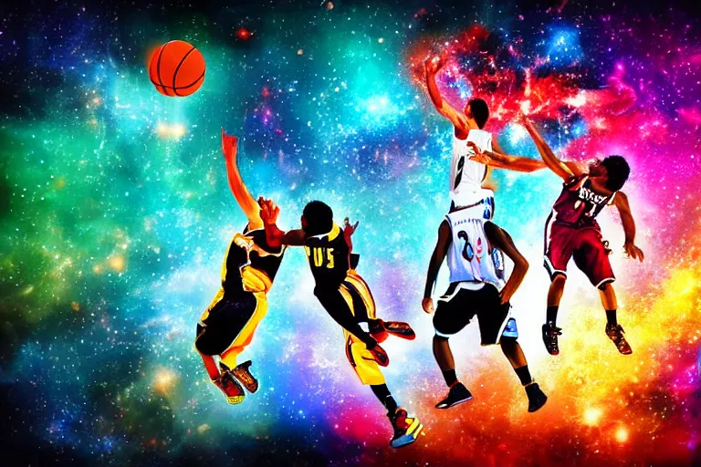 Image similar to street art basketball players vivid colors, sketchers, nebula and fire background hd high details