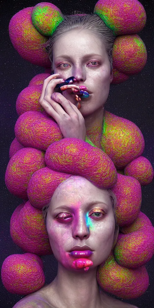 Prompt: hyper detailed 3d render like a Oil painting - portrait sculpt of Aurora (Singer) seen in mascara Eating of the Strangling network of yellowcake aerochrome and milky Fruit that covers her body and Her delicate Hands hold of gossamer polyp blossoms bring iridescent fungal flowers whose spores black the foolish stars by Jacek Yerka, Mariusz Lewandowski, Houdini algorithmic generative render, Abstract brush strokes, Masterpiece, Edward Hopper and James Gilleard, Zdzislaw Beksinski, Mark Ryden, Wolfgang Lettl, hints of Yayoi Kasuma, octane render, 8k