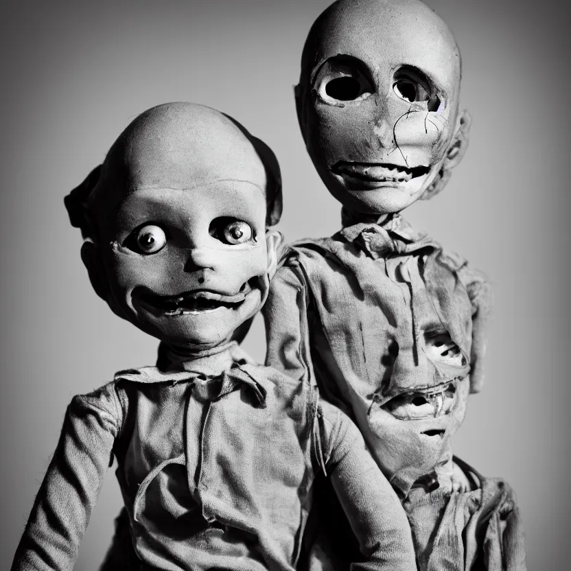 Image similar to creepy ventriloquist dummy in the style of roger ballen, 4 k, bw, portrait