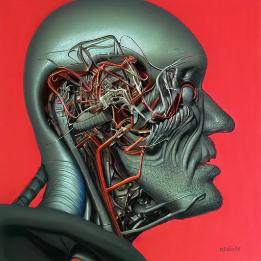 Prompt: biomechanical portrait of man with face connected to machine by Wayne Barlowe