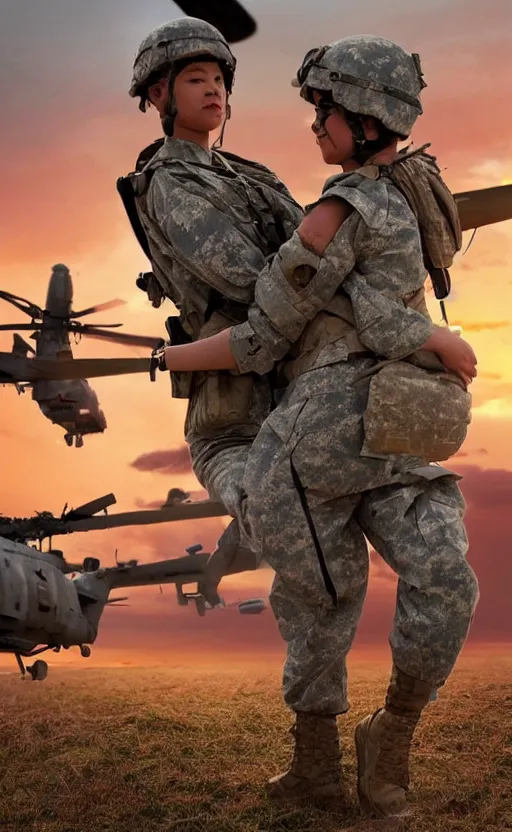 Image similar to female soldier grabbing a squad mate to the helicopter for the extraction while under heavy fire from the locals, highly detailed, high resolution, war footage, stunning, real sunset, girls frontline style, bokeh soft, 100mm, trending on instagram, photo by steve mccurry, realistic human anatomy, realistic military carrier, soldier clothing, modern warfare, realistic guns