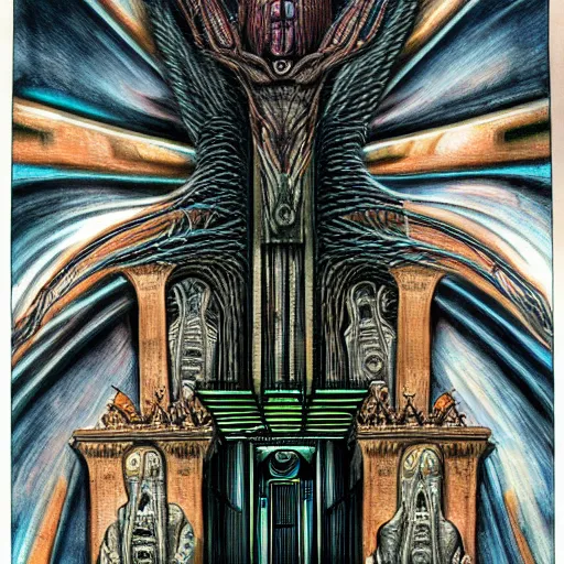 Image similar to throne of god by HR Giger. polychromatic color scheme