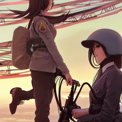 Image similar to anime style, panoramic view, a girl riding a motorbike, vintage, soldier clothing, battlefield in background, hair down, symmetrical facial features, realistic hands, from arknights, hyper realistic, 4 k, extreme detail, trending artstation, safebooru, realistic lighting, by alphonse mucha, greg rutkowski, sharp focus