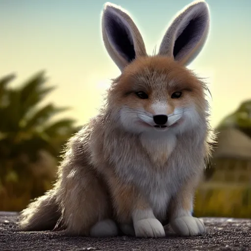 Image similar to a photorealistic adorable chubby charming but vicious fennic fox wolf rabbit hybrid, long fuzzy fur, with long floppy rabbit ears, wearing bows on the top of its head, grinning at the camera with a mischievous look, sharp teeth, happy lighting, at a tropical beach