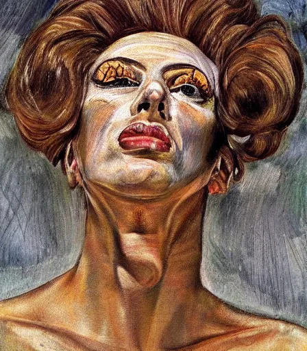 Prompt: a high quality, high detail, portrait of a drag queen by lucian freud, moody, nostalgic