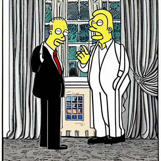 Prompt: donald trump meets homer simpson, comic book panels, drawing, white house,