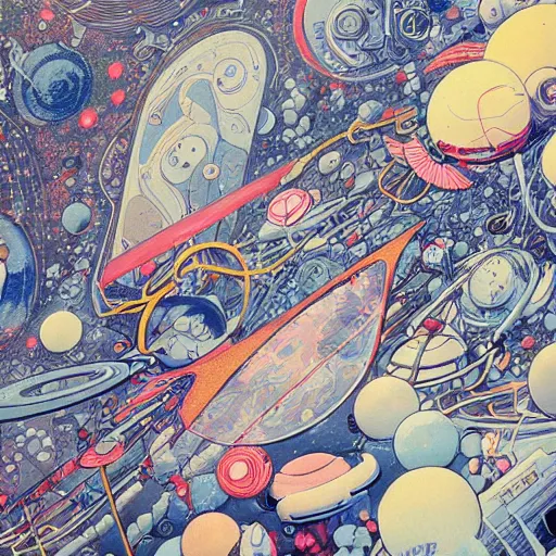 Image similar to james jean art of a part in space, hyper detail