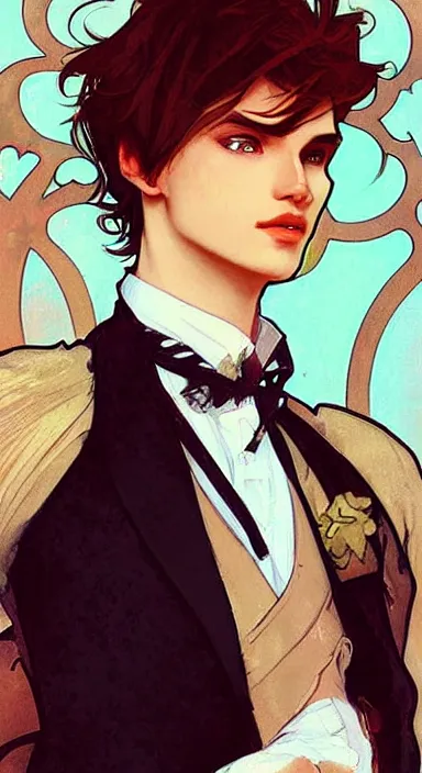 Image similar to Pretty catboy in his twenties wearing fancy clothes. Beautiful digital art by Greg Rutkowski and Alphonse Mucha