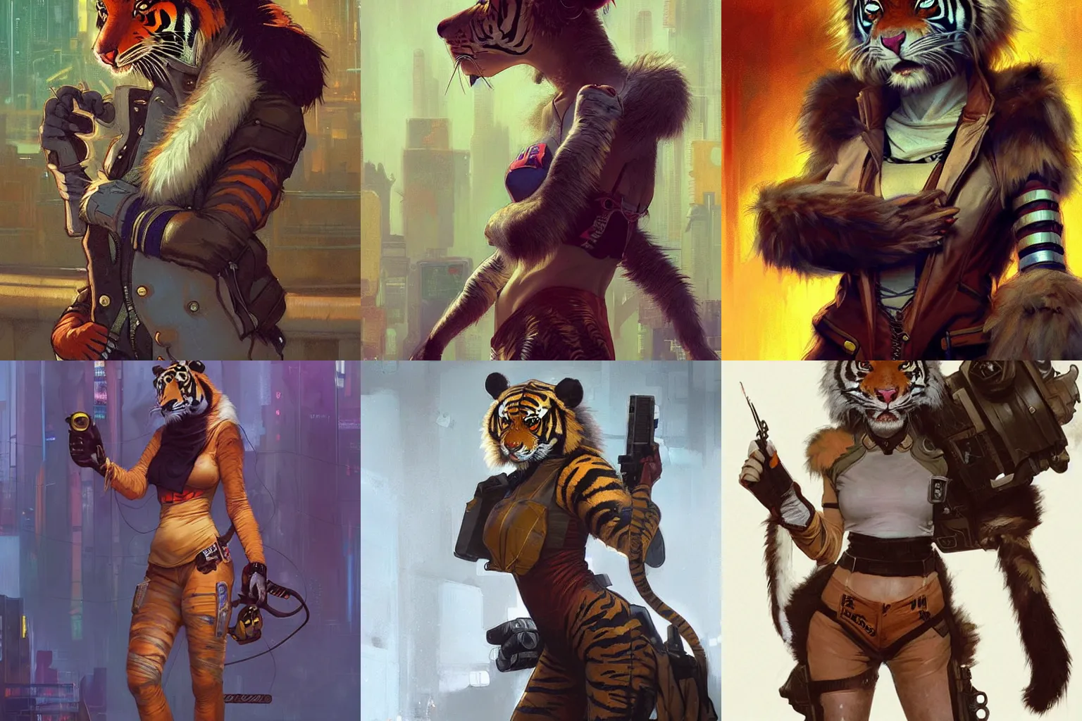 Prompt: female anthropomorphic furry tiger character in cyberpunk clothes. Renowned character illustration by greg rutkowski, thomas kindkade, alphonse mucha, loish, norman rockwell. Trending on artstation.