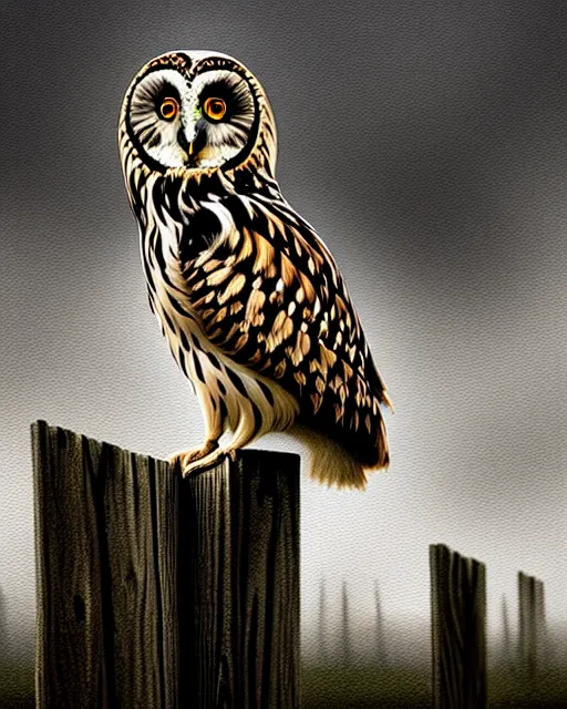 Prompt: an extremely detailed masterpiece painting of a short - eared owl on a wooden fence post, in the style of brian froud, brian despain, brian bolland, digital art, unreal engine, volumetric lighting, dark moody lighting, trending on artstation, photorealistic, epic scene