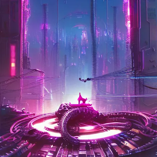 Image similar to cats cyborg inside an scifi tentacles wires futuristic city, beautiful neon cats, cinematic, highly detailed, photorealistic, rich bright colors, trending on artstation, giger, tsutomu nihei, trending on cgsociety, awe inspiring bruce pennington cityscape, digital art painting of 1 9 6 0 s