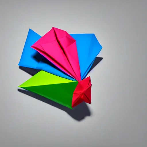 Prompt: origami architecture in multi colored paper, 3 d render, ultra detailed, on white background, studio shot