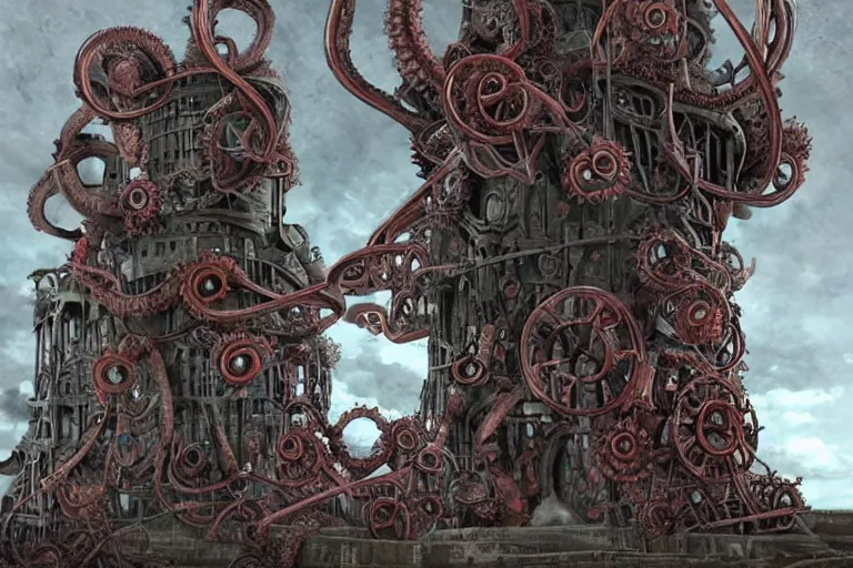 Image similar to lovecraftian biomechanical machine - tower with fleshy tendrils and eyeball at top overlooking dystopian wasteland, highly detailed, colorful with red hues