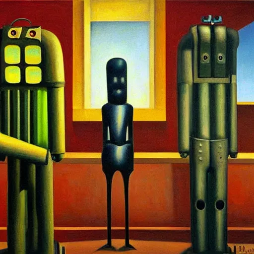 Image similar to robot overlords, grant wood, pj crook, edward hopper, oil on canvas