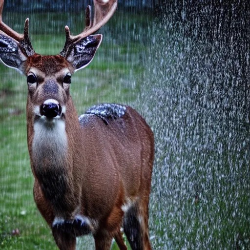 Image similar to 4 k hdr wide angle detailed portrait of a deer as a human instagram model soaking wet standing in the rain shower during a storm with thunder clouds overhead and moody stormy lighting sony a 7