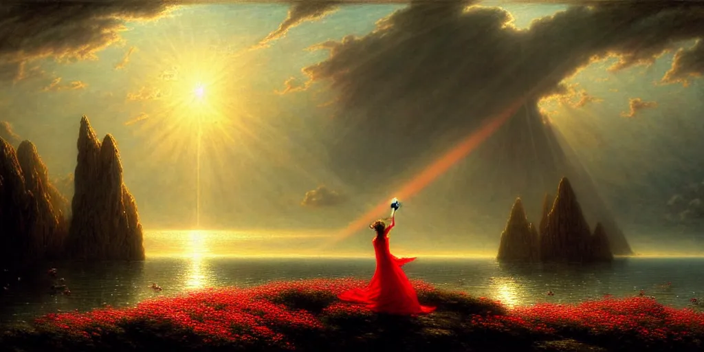 Prompt: an elegant fairy queen in a red lace dress dancing looking out at a lord of the rings scenery landscape, staring across the sea at a sail boat, sunrise, god's rays highly detailed, vivid colour, soft clouds, floral sunset, cinematic lighting, perfect composition, gustave dore, derek zabrocki, greg rutkowski, belsinski