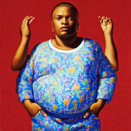 Image similar to A portrait of a thick powerful and pretty non-binary person, oil painting by Kehinde Wiley, majestic, detailed, high resolution