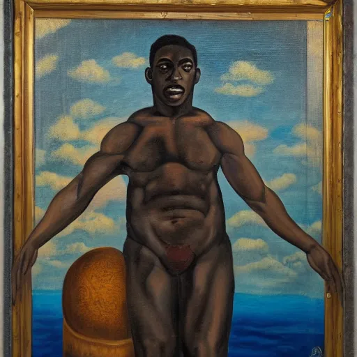 Image similar to a surrealist oil painting of a black man depicted as atlas, struggling to continue carrying the weight of the world, in the style of jean - marquett