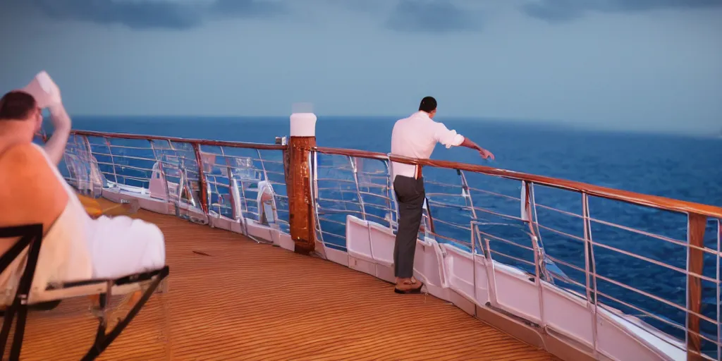 Image similar to a man on a cruise ship leaning on the guardrail smoking and watching the sea at midnight, photo, 8 k