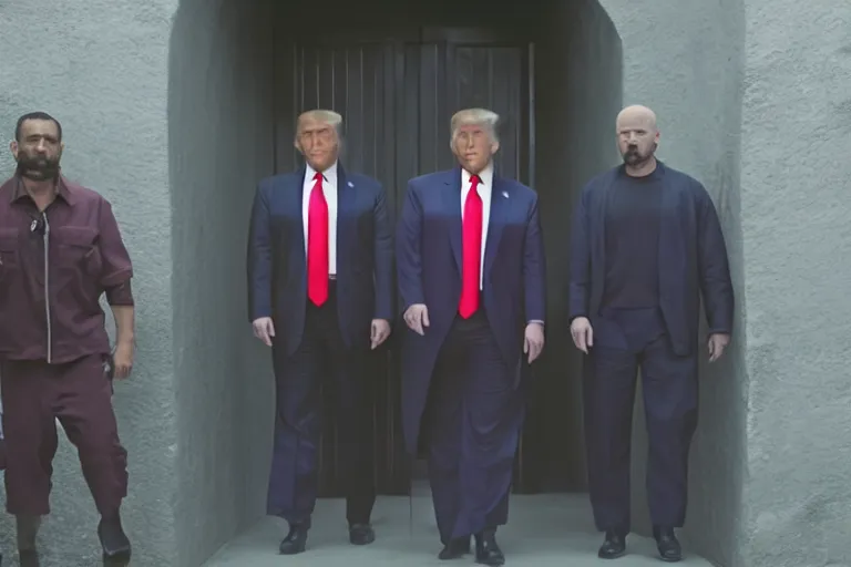 Image similar to cult members breaking donald trump out of prison mission impossible style, cinematic lighting