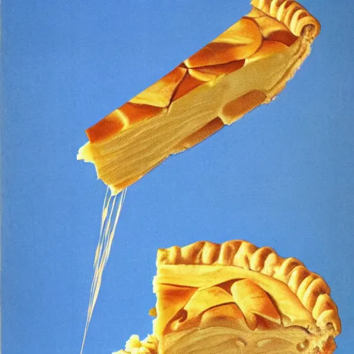 Prompt: 1 thick slice of apple pie floating on a blue background, chesley bonestell, vincent di fate, golden crust, large slice